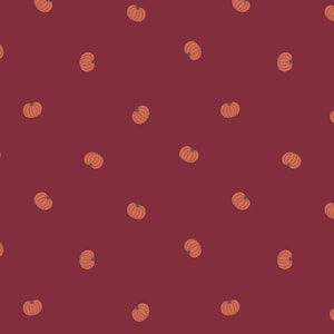 May include: A repeating pattern of orange pumpkins with green stems on a deep red background. The pumpkins are evenly spaced and stylized, creating a fall or harvest theme. The design is suitable for fabric, wallpaper, or seasonal decor.