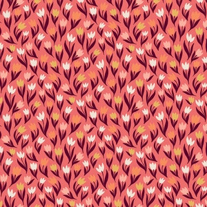 May include: A seamless pattern featuring a repeating design of stylized tulips in various shades of pink, white, and yellow on a coral background.
