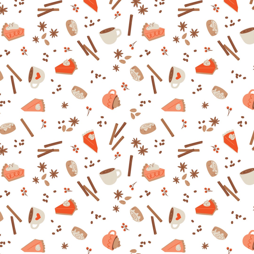 Fall Cotton Fabric by the Yard I Love PSL Autumn Treats White Camelot