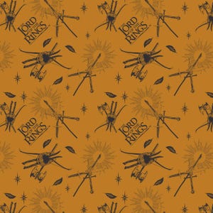 May include: Mustard-colored fabric with a repeating pattern of weapons, sunbursts, leaves, and stars. The text "THE LORD OF THE RINGS" is also repeated throughout the design. The overall theme is fantasy.