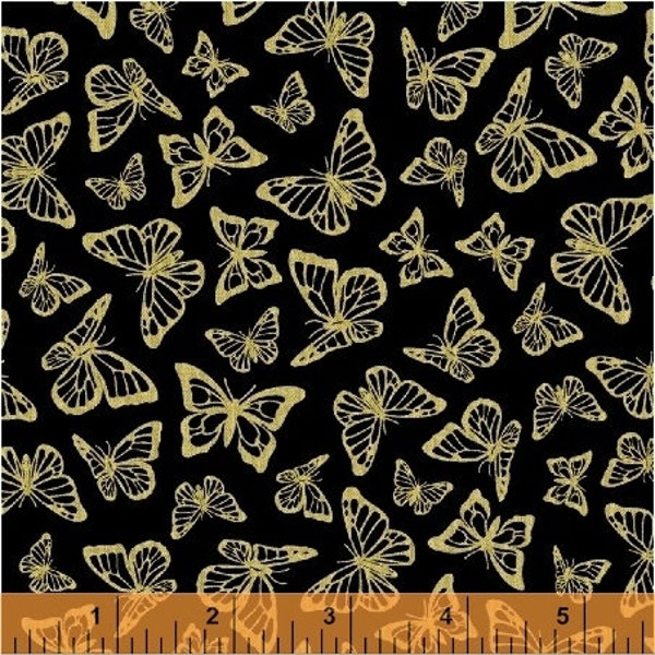 Butterfly Cotton Fabric by the Yard - Precious Metals Butterflies Black with Metallic Gold - Windham Fabrics 51407M-1