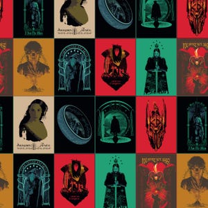 May include: A repeating pattern of colorful squares featuring characters and symbols from a fantasy series. Each square has a different design, including portraits, silhouettes, and iconic imagery. The color palette includes red, green, black, and gold.