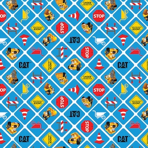 CAT Buildin Crew Cotton Fabric by the Yard - Caterpillar Construction Signs Blue - Riley Blake C8102-BLUE