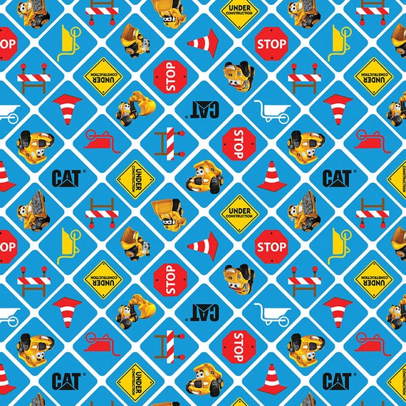 CAT Buildin Crew Cotton Fabric by the Yard Caterpillar Construction Signs  Blue Riley Blake C8102-BLUE