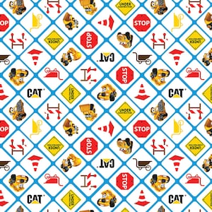 CAT Buildin Crew Cotton Fabric by the Yard - Caterpillar Construction Signs White - Riley Blake C8102-WHITE
