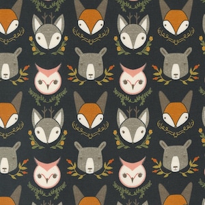 Woodland Animal Cotton Fabric by the Yard - Woodland Wonder Bobble Heads Midnight - Gingiber for Moda 48392-21