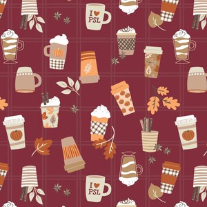 May include: A repeating pattern of fall-themed coffee cups, mugs, and leaves on a burgundy plaid background. The cups and mugs feature pumpkin designs, leaf patterns, and the text "I ❤️ PSL".