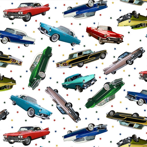 Vintage Car Cotton Fabric by the Yard - Classic Cars White - Elizabeth's Studio 672E-WHITE