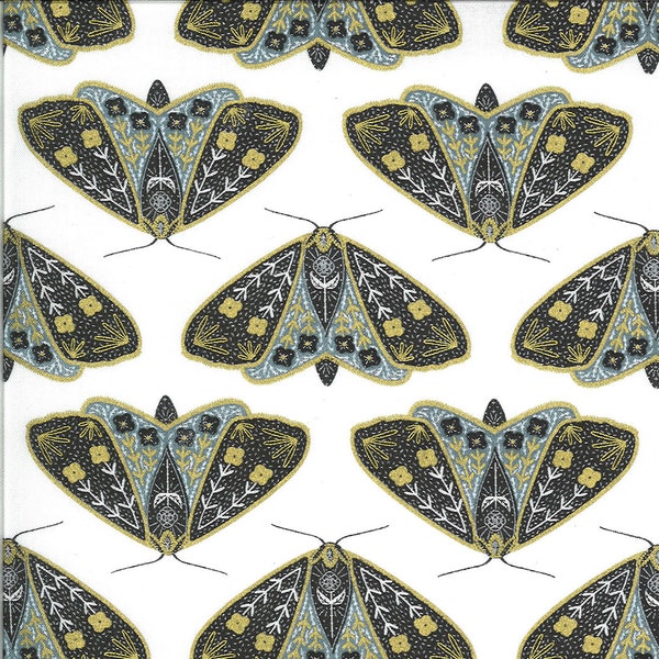 Moth Cotton Fabric by the Yard - Dwell in Possibility Dainty Moths Ivory Sky Metallic  - Gingiber for Moda 48311-29M