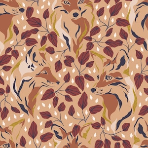 May include: A repeating pattern featuring stylized foxes in shades of brown, tan, and cream, interspersed with burgundy leaves and gold accents. The background is a light peach color with small white diamond shapes.