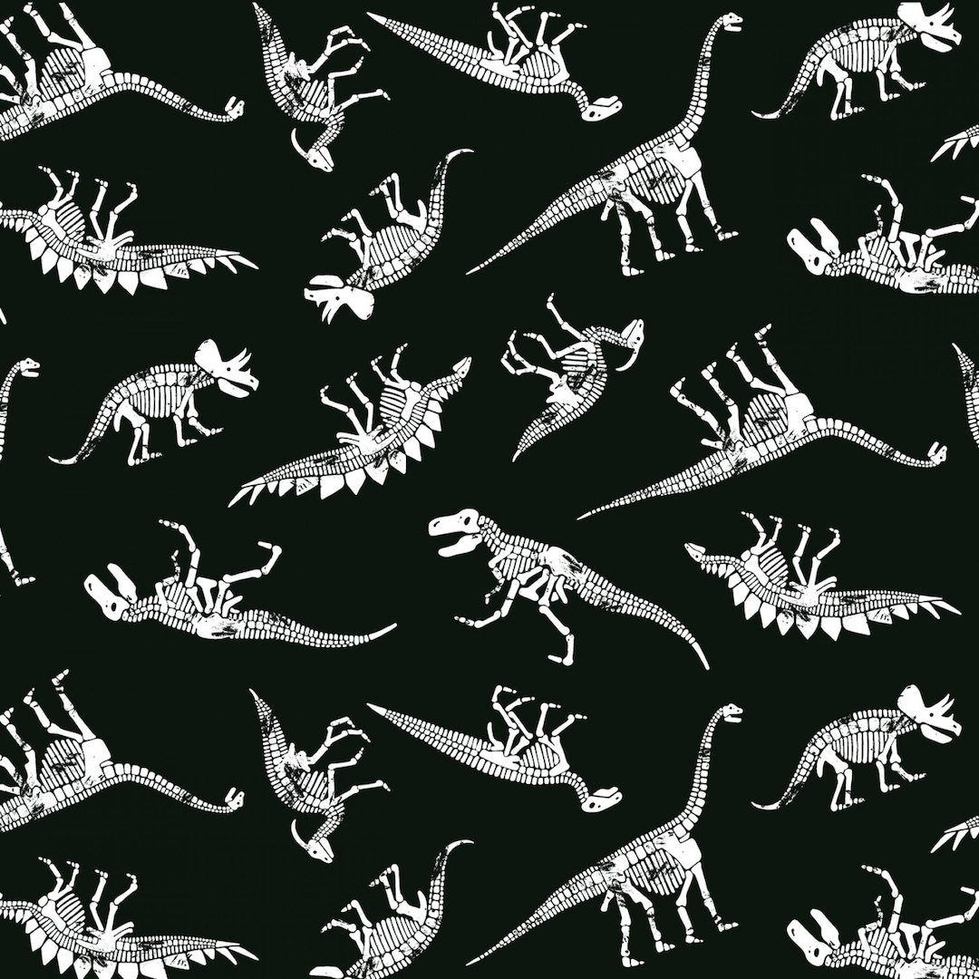 Glow in the Dark Dinosaur Cotton Fabric by the Yard - White Skeleton on ...