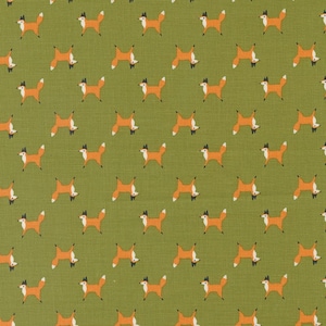 May include: A repeating pattern of orange foxes on a green background. The foxes are facing right and have a simple, stylized design.
