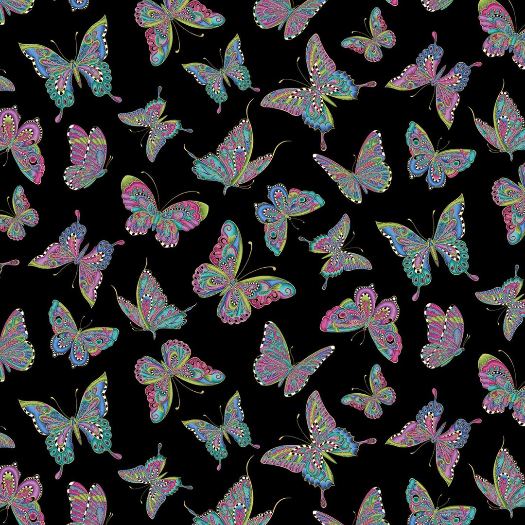 Butterfly Cotton Fabric by the Yard Alluring Butterflies Black