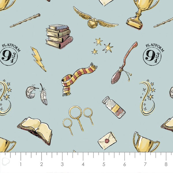 Harry Potter Cotton Fabric by the Yard - Soft Wash Magic on Blue - Camelot 23800603-2