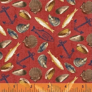 Seafood Cotton Fabric by the Yard - Fresh Catch Seafood Red - Windham Fabrics 51076-4