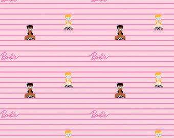 May include: A pink and white striped background with the word "Barbie" repeated throughout. There are illustrations of Barbie dolls with different hairstyles and skin tones wearing sunglasses.
