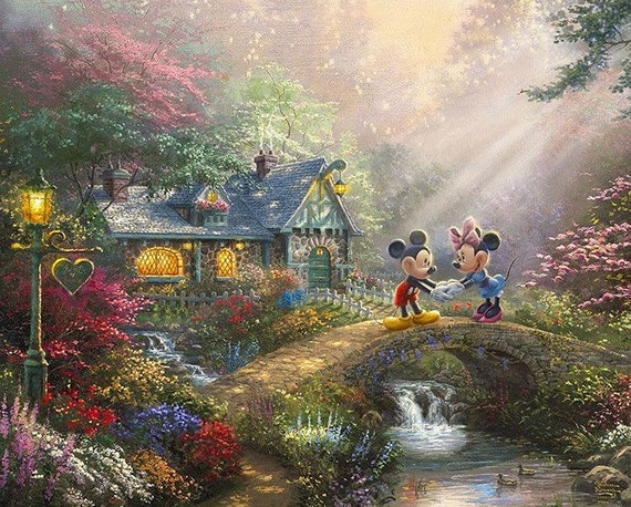 Disney Cotton Fabric Panel - Mickey and Minnie Sweetheart Bridge