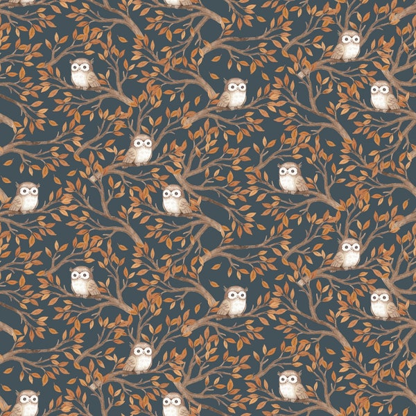 Owls Cotton Fabric by the Yard - Little Forest Owls Iron  - Dear Stella 2307IRON