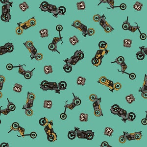 Motorcycle Cotton Fabric by the Yard - Route 66 Bikes Sea Glass - Riley Blake C15011-SEAGLASS