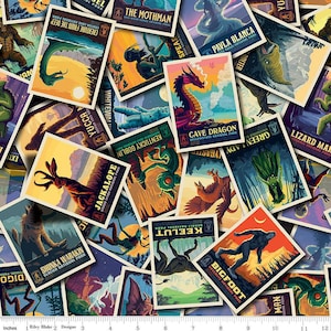 May include: A colorful pattern of vintage-style travel posters featuring mythical creatures and national parks. The posters feature illustrations of a jackalope, a cave dragon, a green lady, a bigfoot, a keelut, a shinka warakin, a lizard man, a mothman, a Kentucky goblin, a white whale, a creature from the deep, a yucca, a green lady, and a pavla blanca. The posters are all in a retro style with bold colors and typography.