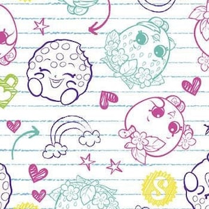 May include: A white background with a repeating pattern of colorful cartoon characters, hearts, stars, rainbows, and arrows. The characters are drawn in a doodle style and have large eyes and smiling faces. The background is lined with blue lines.