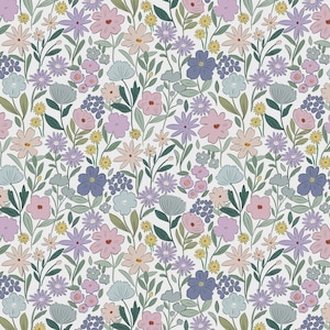 May include: A seamless pattern featuring a variety of flowers in shades of purple, pink, and yellow on a white background. The flowers are drawn in a simple, whimsical style.