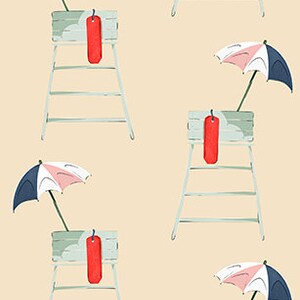 May include: A seamless pattern featuring a repeating design of lifeguard stands with red life preservers, white and pink striped umbrellas, and blue and white striped umbrellas on a light beige background.