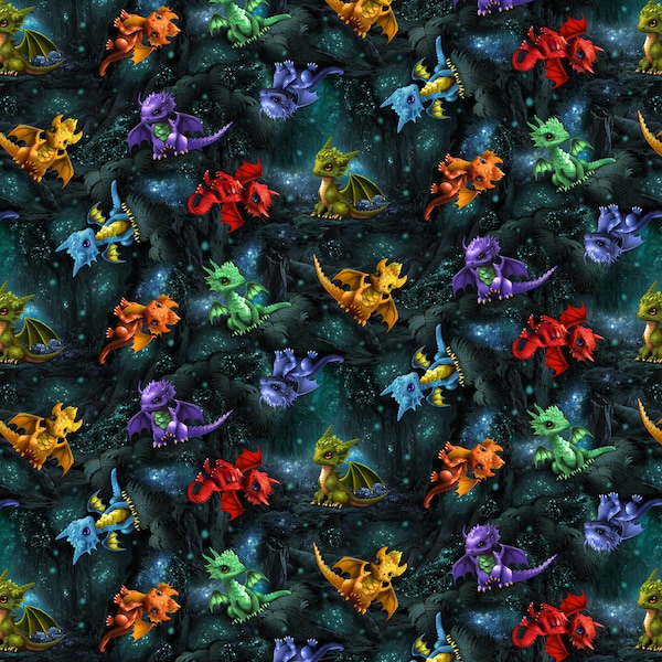 Dragon Cotton Fabric by the Yard - Baby Dragons Tossed Dragons Forest - Timeless Treasures CD3087-FOREST