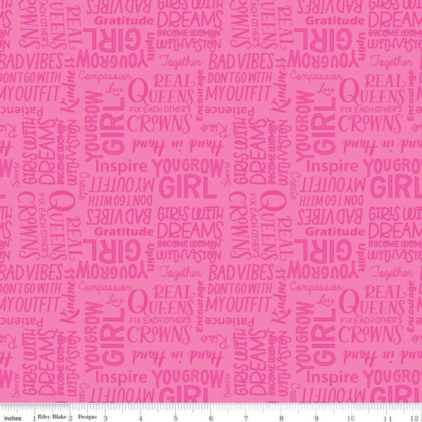 Girl Power Cotton Fabric by the Yard - Hand in Hand Girls Text Pink - Riley Blake C10661-PINK