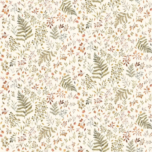 Woodland Floral Cotton Fabric by the Yard - Little Fawn and Friends Autumn Ferns and Leaves Cream - Dear Stella 1906CREAM