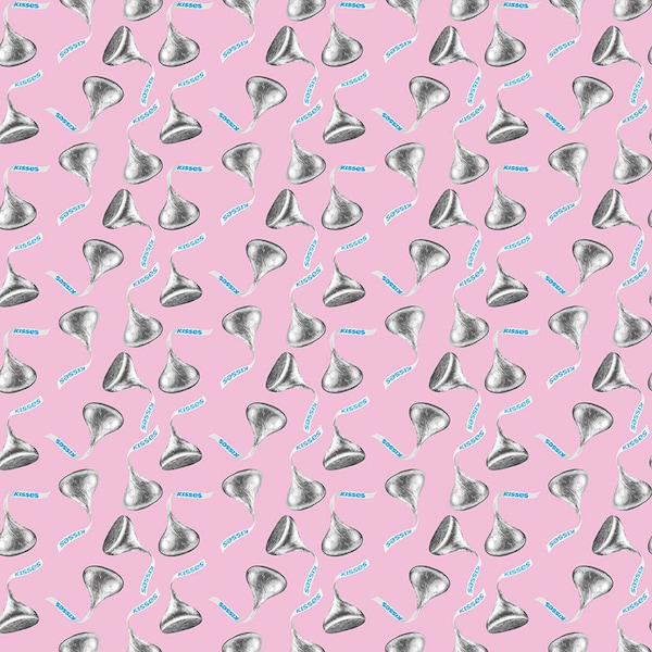 Chocolate Cotton Fabric by the Yard - Celebrate With Hershey Valentine's Day Kisses Toss Pink - Riley Blake C12803-PINK