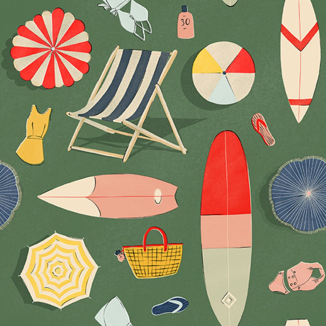 Beach Cotton Fabric by the Yard Beach Day Main Green MK Surface for