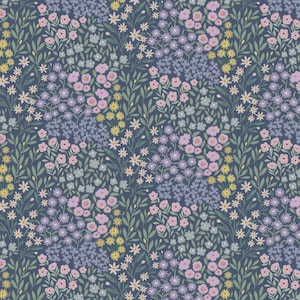 May include: A seamless pattern featuring a variety of small flowers in shades of pink, blue, yellow, and green on a dark blue background.