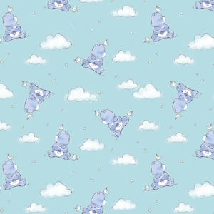 May include: A repeating pattern featuring light blue teddy bears with white clouds, small birds, and stars on a light blue background. The bears are in various poses, some sitting and others floating. The overall design has a whimsical, cartoonish style.