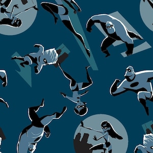 The Incredibles Fabric by the Yard - Incredibles Family Toss on Smoky Blue