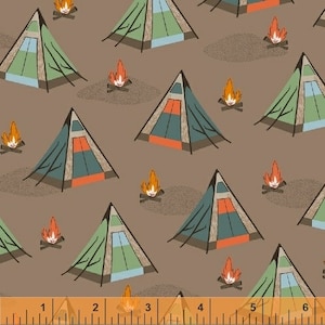 Camping Cotton Fabric by the Yard - Bear Camp Tents Tan - Windham Fabrics 51560-3