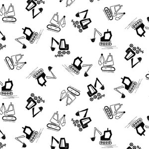 Construction Cotton Fabric by the Yard - See You Later Excavator White - Dear Stella 2119WHITE