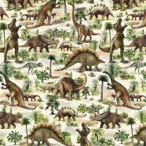 Dinosaur Cotton Fabric by the Yard - Dinosaur Trek Multicolor Dinosaurs - Timeless Treasures C7816-WHT