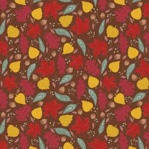 May include: A seamless pattern featuring a variety of autumn leaves in shades of red, yellow, and green. The leaves are arranged in a random pattern on a brown background.