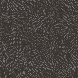 May include: Abstract seamless pattern with a dark brown background and a light gray pattern of small, elongated shapes. The shapes are arranged in a swirling, organic pattern.