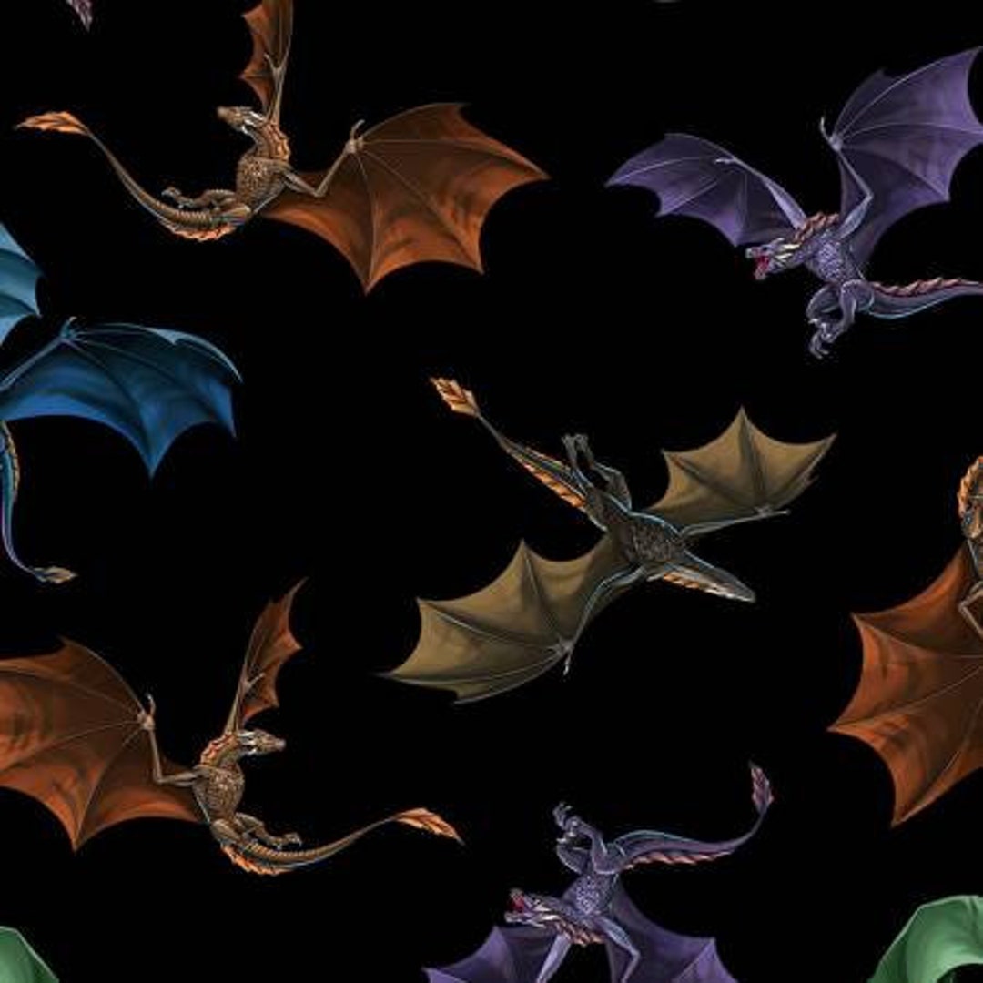 Dragon Cotton Fabric by the Yard Dragons on Black Timeless Treasures