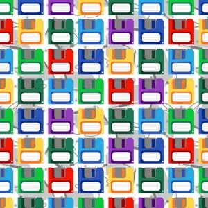 Floppy Disk Cotton Fabric by the Yard - Computer Retro Floppy Disks White - Studio E 6871S-01