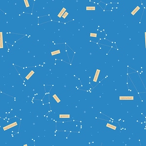 May include: A blue background with white constellations and the names of the zodiac signs in beige boxes.