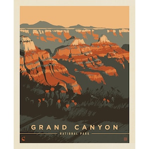 May include: A vintage-style poster featuring a scenic view of the Grand Canyon National Park. The poster has a dark green background with the text "Grand Canyon National Park" in white lettering. The image shows a panoramic view of the canyon with layered rock formations in shades of orange, red, and brown. The sky is a soft orange color, suggesting a sunset or sunrise.