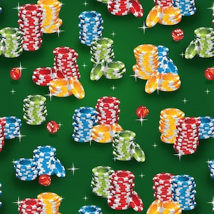 Poker Chips Fabric by the Yard - Casino Fun Poker Chip Stacks Green - David Textiles DX-2562-0C-1