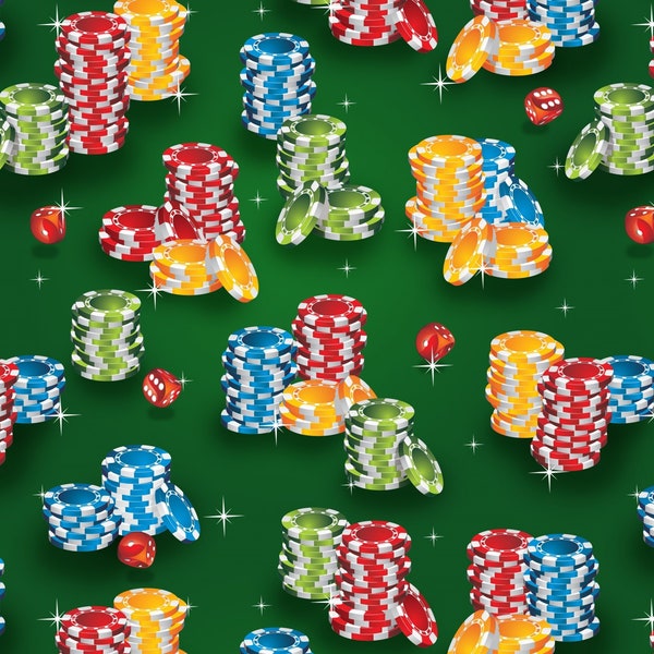 Poker Chips Fabric by the Yard - Casino Fun Poker Chip Stacks Green - David Textiles DX-2562-0C-1