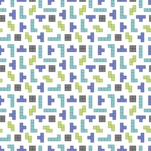 May include: A seamless pattern featuring Tetris-like blocks in shades of green, blue, and gray against a white background.