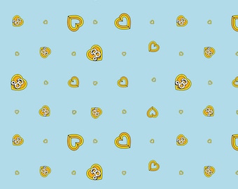 May include: A seamless pattern of yellow hearts with a black outline on a light blue background. Each heart has a black number 8 inside.