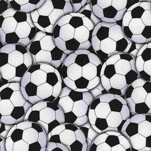 May include: A seamless pattern of black and white soccer balls, arranged in a close-up, overlapping pattern.