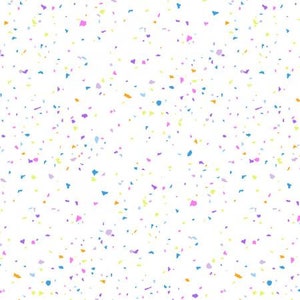 May include: A white background with a scattered pattern of small, colorful confetti. The confetti is in shades of yellow, blue, pink, and purple.